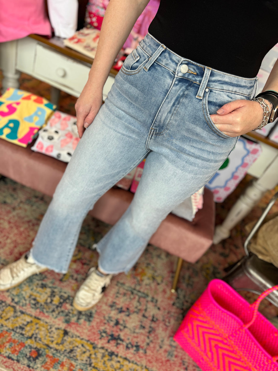 Summer Time Denim High Rise Step Hem Crop Hem